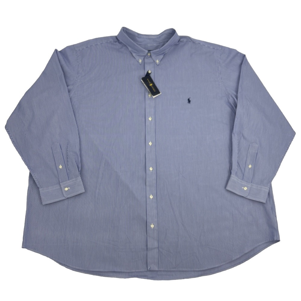 Ralph Lauren Shirt Men 5XB Blue White Stripes Long Sleeve Button Down Poplin NEW